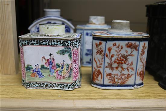 Two Chinese enamel tea caddies and three porcelain caddies largest 11cm